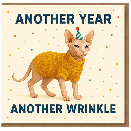 Funny Birthday Card - Sphynx Cat in Jumper and Party Hat - Another Year Another Wrinkle - Humorous Cat Lover Card for Friends and Family