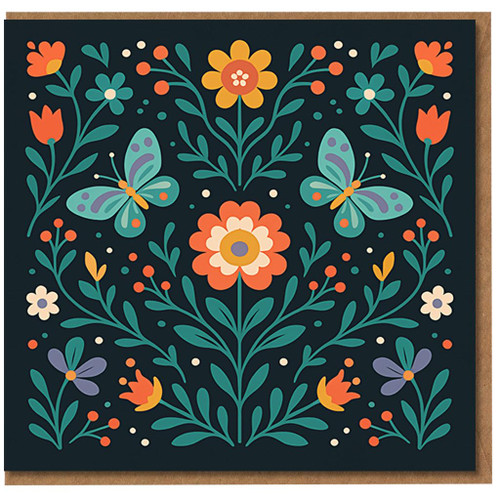 Butterflies and Wildflowers Birthday Card - Elegant Folk Art Floral Design on Dark Background, Colourful Garden Illustration