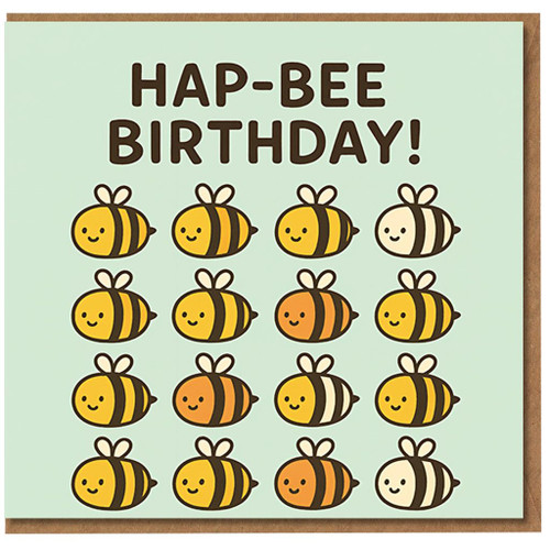 Hap-Bee Birthday Card - Funny Bee Pun with Rows of Cute Cartoon Bees on Mint Background - Punny Bee-Themed Birthday Card for Him Her Kids Friends