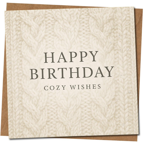 Happy Birthday Cosy Knit Design Square Greeting Card - Cozy Wishes Text - 145mm x 145mm, Includes Kraft Envelope
