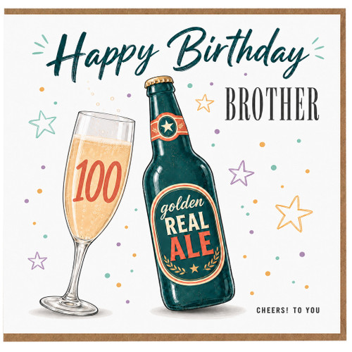 Brother 100th Birthday Card, Happy Birthday Beer Bottle and Cheers Design