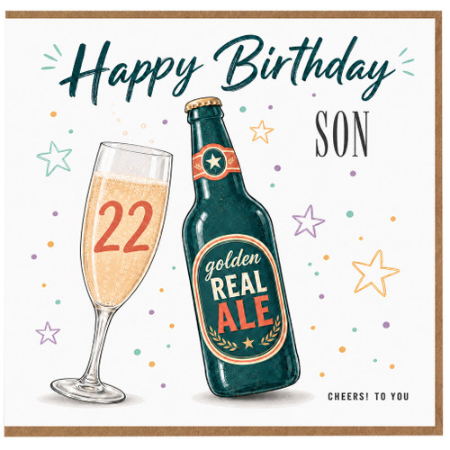 22nd Birthday Card for Son, Happy Birthday Beer and Champagne Design
