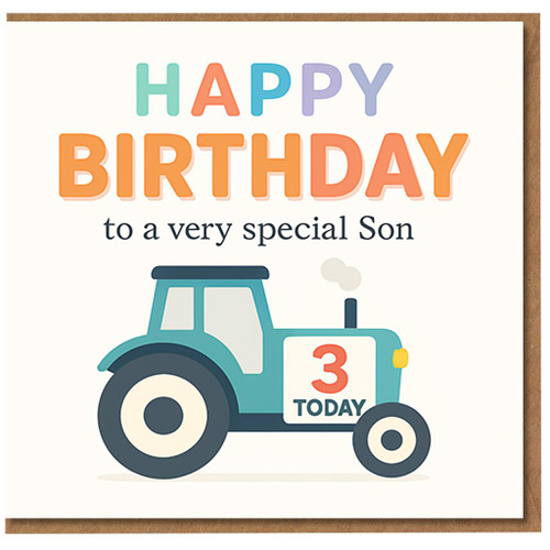 Son 3rd Birthday Card - Cute Tractor Design with 'Happy Birthday to a Very Special Son' and '3 Today'