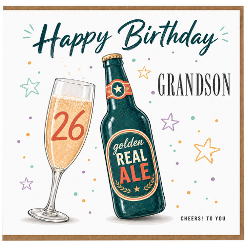 26th Birthday Card for Grandson, Happy Birthday Cheers Beer and Champagne Card