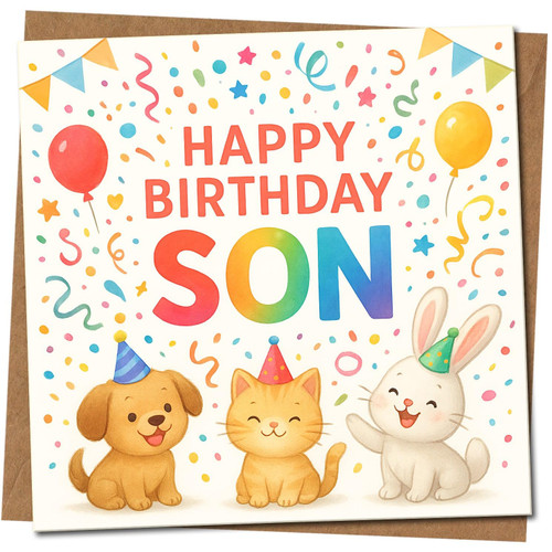 Happy Birthday Son Card - Cute Puppy, Kitten & Bunny, Rainbow Confetti & Balloons - Fun Kids Boy Birthday Card, Square 145mm x 145mm, Includes Kraft Envelope