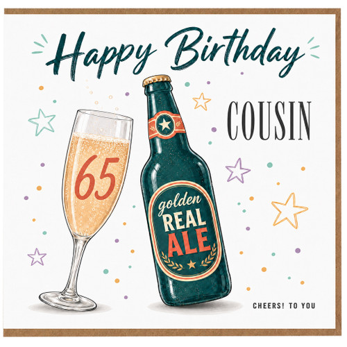 65th Birthday Card for Cousin, Happy Birthday Cheers Beer and Champagne Design