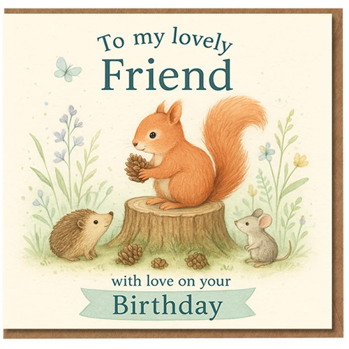Friend Birthday Card - To My Lovely Friend, With Love On Your Birthday - Cute Woodland Squirrel, Hedgehog and Mouse Design