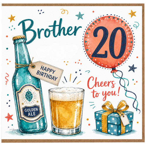 Brother 20th Birthday Card, Cheers to You Beer and Balloon Design
