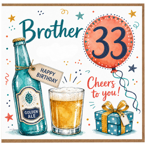 Brother 33rd Birthday Card, Cheers to You Beer and Balloon Design