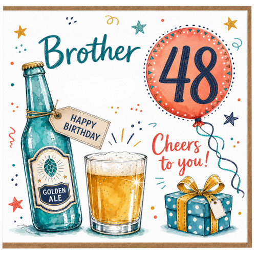 Brother 48th Birthday Card, Beer Bottle and Pint Glass Birthday Card