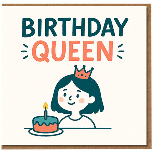 Birthday Card for Her - 'Birthday Queen' Cute Crown and Cake Illustration, Card for Girlfriend, Wife, Sister, Mum or Best Friend