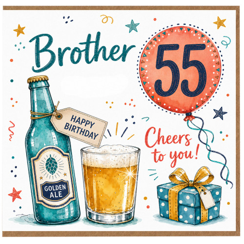 Brother 55th Birthday Card, Cheers to You Beer and Balloon Design