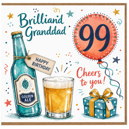 Granddad 99th Birthday Card, Cheers to You Beer and Balloon Design