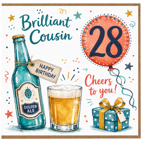 28th Birthday Cousin Card, Brilliant Cousin Happy Birthday Cheers to You