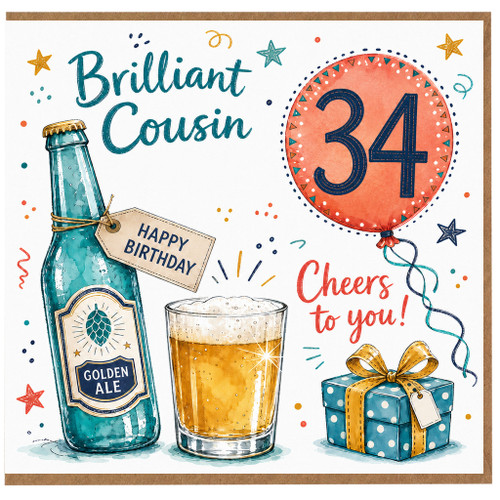 Cousin 34th Birthday Card, Brilliant Cousin Happy Birthday Cheers to You Card