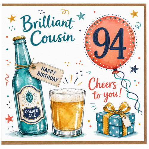 Cousin 94th Birthday Card, Brilliant Cousin Cheers to You Birthday Card
