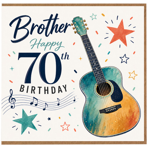 Brother 70th Birthday Card, Guitar and Music Theme Birthday Card