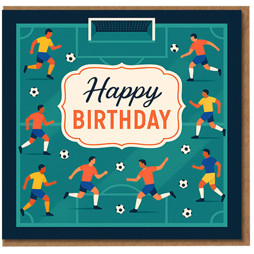 Football Happy Birthday Card - Football Pitch Design with Players and Balls - Sports Birthday Card for Fans, Kids, Teens and Adults