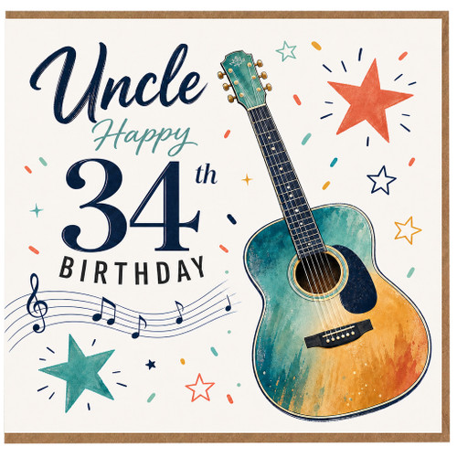 Uncle 34th Birthday Card, Guitar Music Themed Happy Birthday Card
