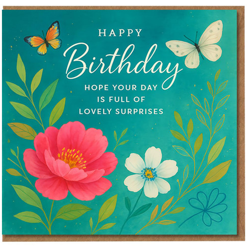 Happy Birthday Card - Teal Floral with Butterflies - 'Hope Your Day Is Full of Lovely Surprises' - Elegant Garden Flowers Greeting for Her, Him, Friend, Mum, Dad