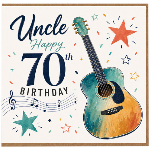 Uncle Happy 70th Birthday Card, Guitar Music Theme
