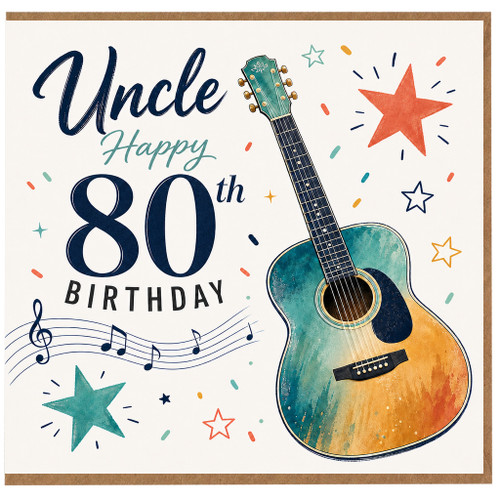 Uncle 80th Birthday Card, Music and Guitar Themed Birthday Card