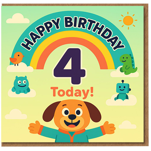 4th Birthday Card for Kids - Happy Birthday Rainbow with Cute Puppy, Dinosaur, Robot and Friends - '4 Today!' Bright Colourful Children's Card
