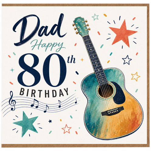 Dad 80th Birthday Card with Guitar and Music Notes