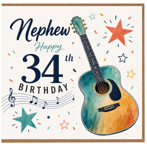 Nephew 34th Birthday Card, Guitar Music Themed Birthday Card for Nephew