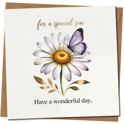 Son Birthday Card - Daisy & Butterfly Floral Design - For a Special Son - 145mm x 145mm Square Greeting Card, Includes Kraft Envelope