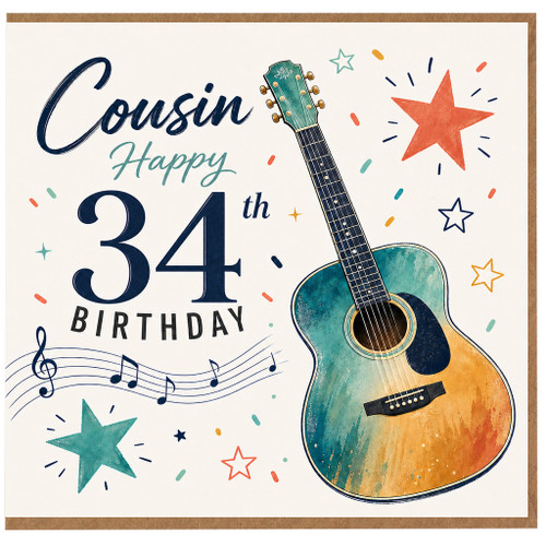 Cousin 34th Birthday Card, Happy 34th Birthday Guitar Musical Design