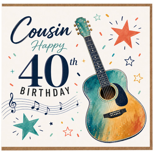Cousin 40th Birthday Card, Guitar Music Theme Birthday Card