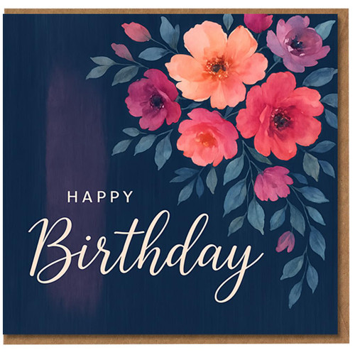 Happy Birthday Card - Elegant Watercolour Floral Design on Navy Background
