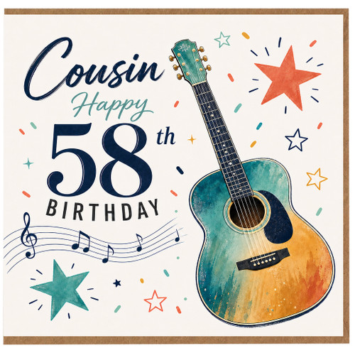 Cousin 58th Birthday Card, Guitar Music Theme Birthday Card for Cousin