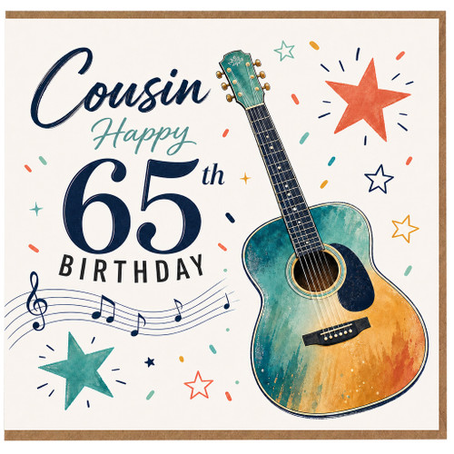 Cousin 65th Birthday Card, Musical Guitar Happy Birthday Card