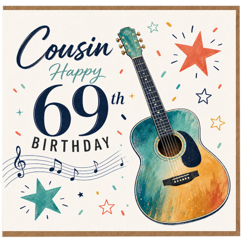 Cousin 69th Birthday Card, Happy Birthday Guitar Music Design