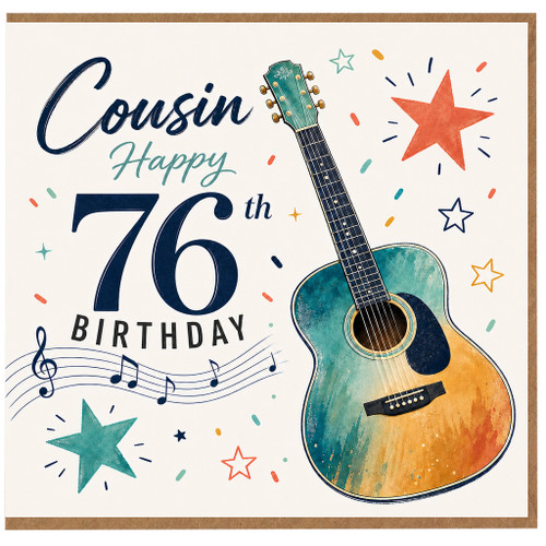 Cousin 76th Birthday Card with Guitar and Music Design