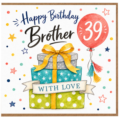 Brother 39th Birthday Card, Happy Birthday Brother with Gift Boxes and Balloon Design