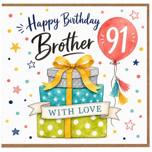 91st Birthday Card for Brother, Happy Birthday Brother Card with Gifts and Balloon