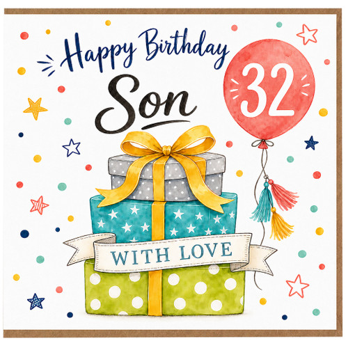 Son 32nd Birthday Card, Happy Birthday With Love Gift Box Balloon Design
