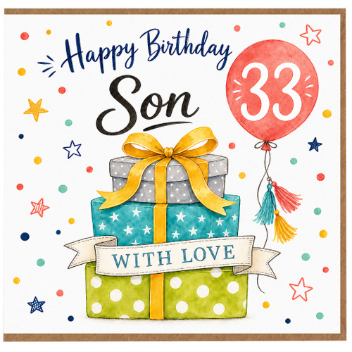 33rd Birthday Card for Son, Happy Birthday Son Card with Gift Boxes and Balloon