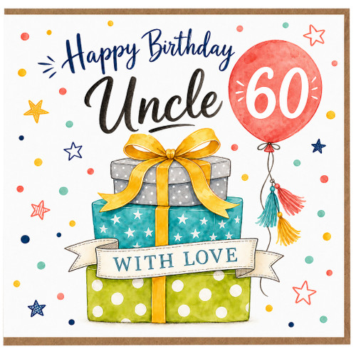 Uncle 60th Birthday Card, Happy Birthday With Love Balloon and Gifts Design