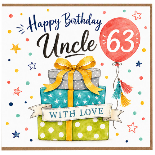 63rd Birthday Card for Uncle, Happy Birthday Uncle Card, With Love Gift Box Balloon Design