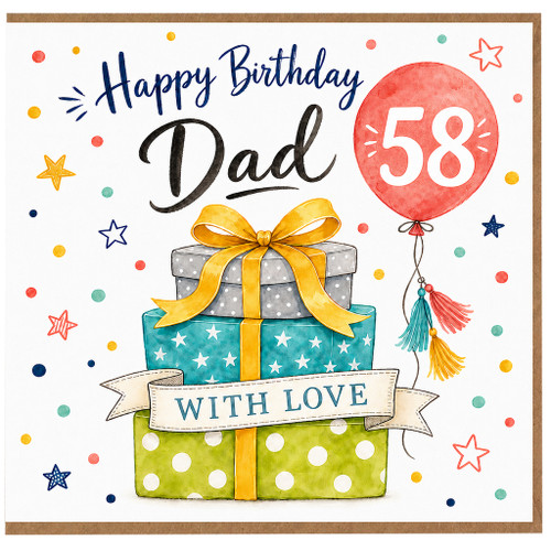 58th Birthday Card for Dad, Happy Birthday Dad Card, with Gifts and Balloon Design