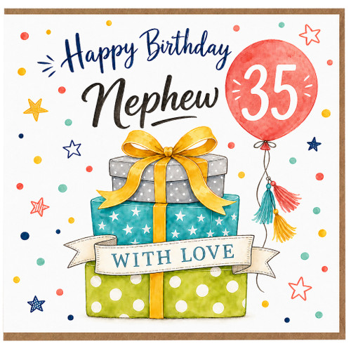 35th Birthday Card for Nephew, Happy Birthday With Love Balloon and Gifts Design