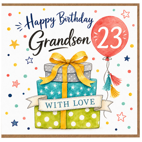 23rd Birthday Card for Grandson, Happy Birthday Grandson Card with Gift Boxes and Balloon