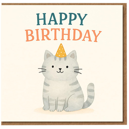Cute Cat Birthday Card - Happy Birthday with Party Hat Kitty Illustration - Sweet Tabby Design for Cat Lovers, Kids, Friends, Him or Her