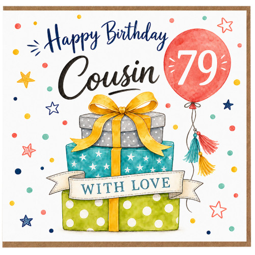 79th Birthday Card for Cousin, Happy Birthday Cousin Card, With Love Balloon and Gifts Design