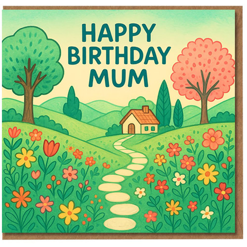 Happy Birthday Mum Card - Cottage and Flower Meadow Illustration - Cute Rolling Hills Scene - Mum Birthday Greeting