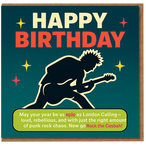 Happy Birthday Card - Punk Rock Guitarist Silhouette with Retro Stars - Fun Music Lover Card for Him, Her or Friend